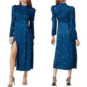 Rahi Moonlight Fallon Womens Midi Dress Blue Celestial Long Sleeve Slit XS